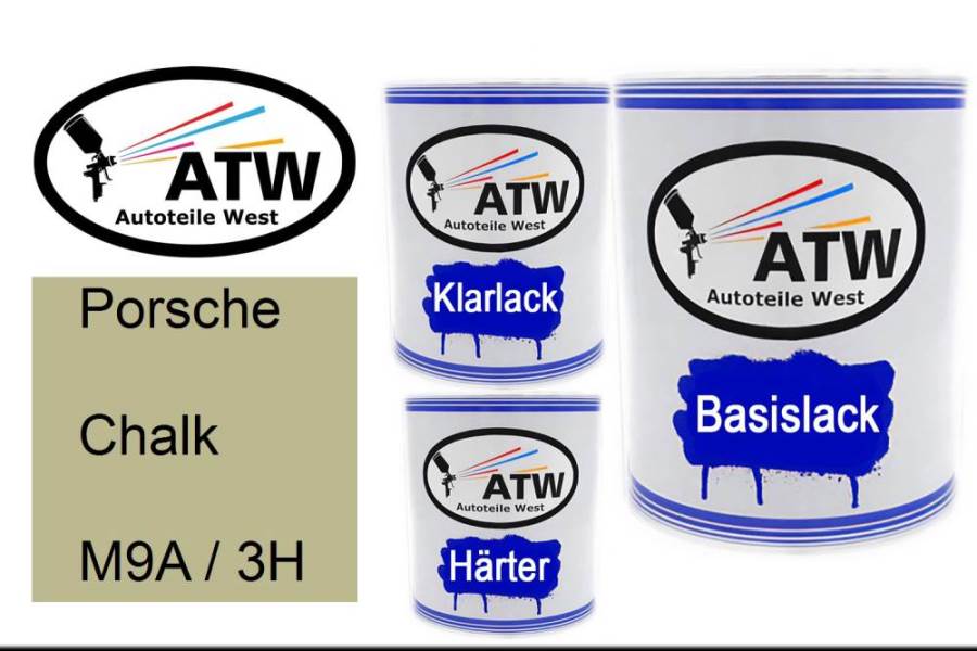 Porsche, Chalk, M9A / 3H: 1L Lackdose + 1L Klarlack + 500ml Härter - Set, von ATW Autoteile West.